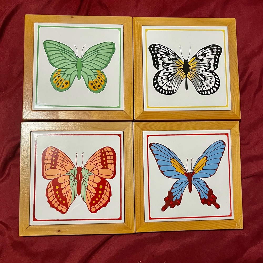 Vintage ORIENT Ceramic Tile Trivet Wood Framed Lot of 4